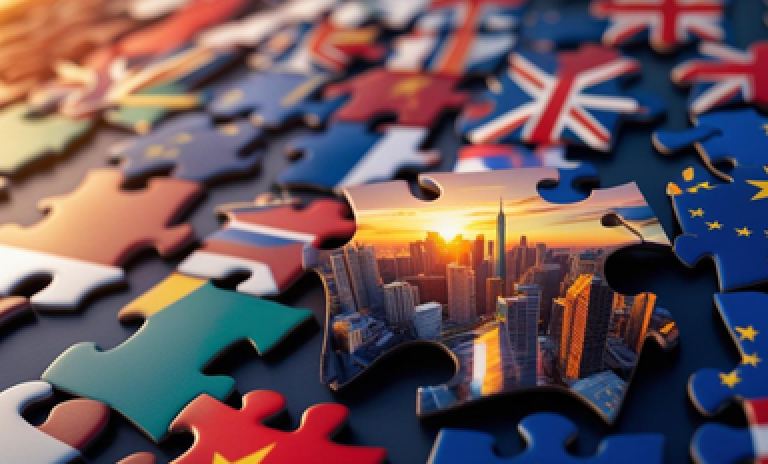 Peças de quebra-cabeça com bandeiras e skyline de cidade, representando os acordos comerciais como caminhos para ampliar mercados e garantir segurança jurídica.
