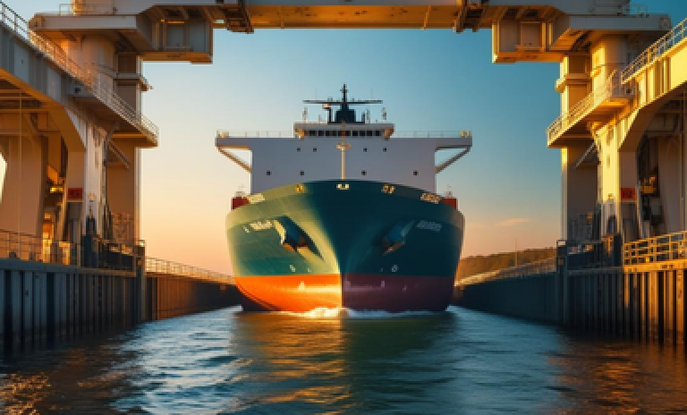 Navio cargueiro atravessando canal entre guindastes, representando a superação de barreiras comerciais para garantir o acesso a mercados e proteger a competitividade brasileira.