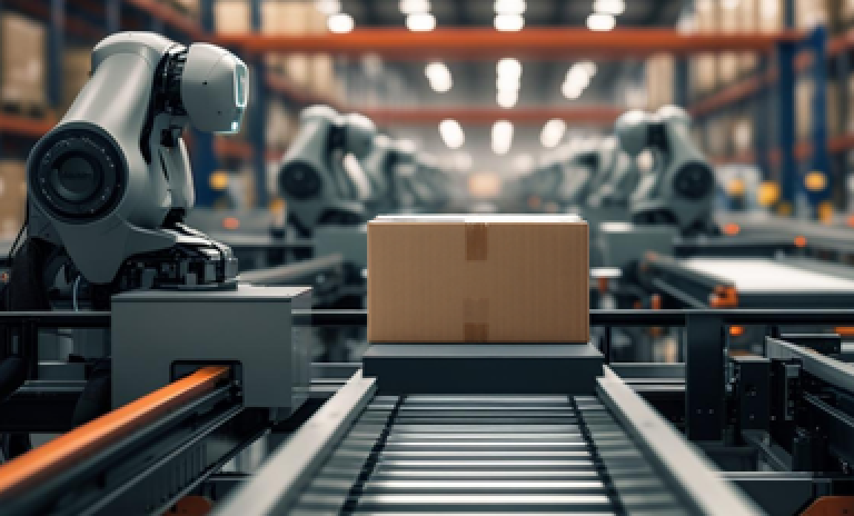 Centro de distribuição automatizado com esteiras e robôs, destacando o papel da logística e da infraestrutura na redução de custos e no aumento da competitividade industrial.