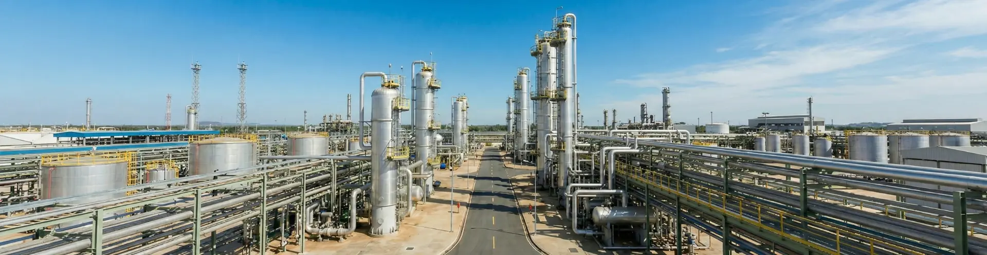 Complexo industrial com dutos, tanques metálicos e torres de processamento de gás sob céu azul.