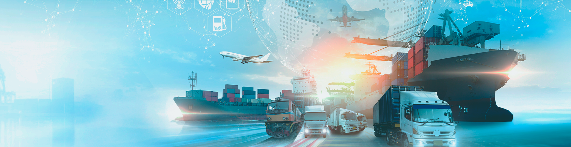 Composição de imagens com navios, trens, aviões e caminhões representando os diferentes modais de transporte e logística no Brasil.