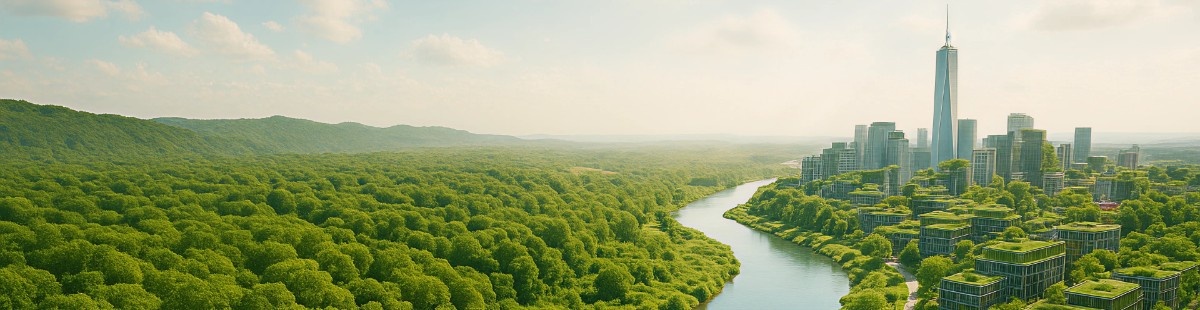 Vista panorâmica de floresta e cidade sustentável à beira de rio, com prédios cobertos por vegetação,
simbolizando a transição urbana para uma economia de baixo carbono.
