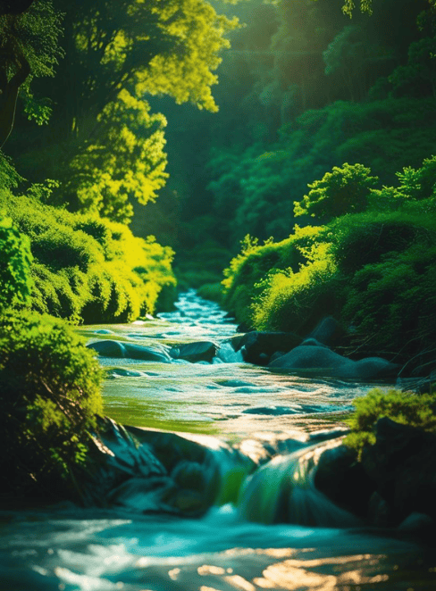 Rio sinuoso em meio à vegetação nativa com incidência de luz natural,
ilustrando o potencial da energia hídrica na matriz renovável brasileira.