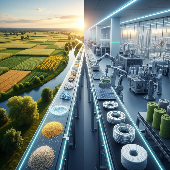 Esteira conectando lavoura a fábrica com robôs industriais, simbolizando integração entre agro e indústria na política industrial.