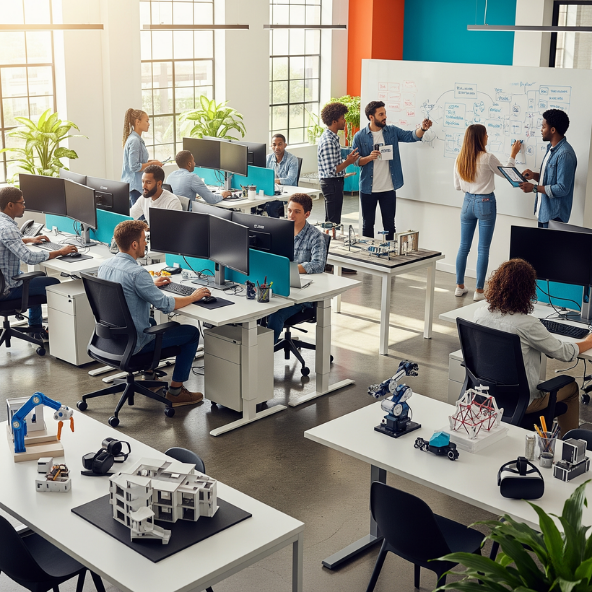 Jovens profissionais em escritório moderno com computadores e protótipos, simbolizando inovação e desenvolvimento tecnológico.