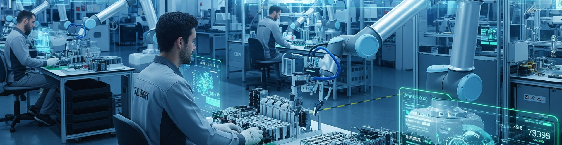 Ambiente fabril com braços robóticos e telas digitais futuristas, representando a política industrial voltada à Indústria 4.0.