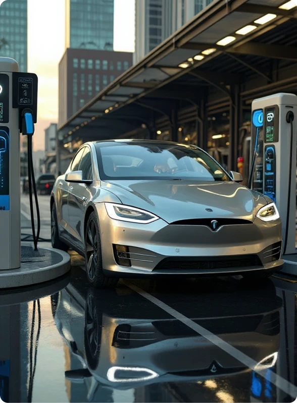 Carro elétrico prateado carregando em uma estação de energia, ilustrando o tema da transição energética e o uso de fontes limpas como o hidrogênio e a eólica.