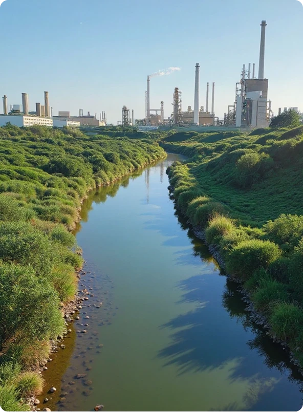 Paisagem mostrando um rio com vegetação em suas margens e uma grande planta industrial ao fundo, ilustrando a importância do licenciamento ambiental para o desenvolvimento sustentável.