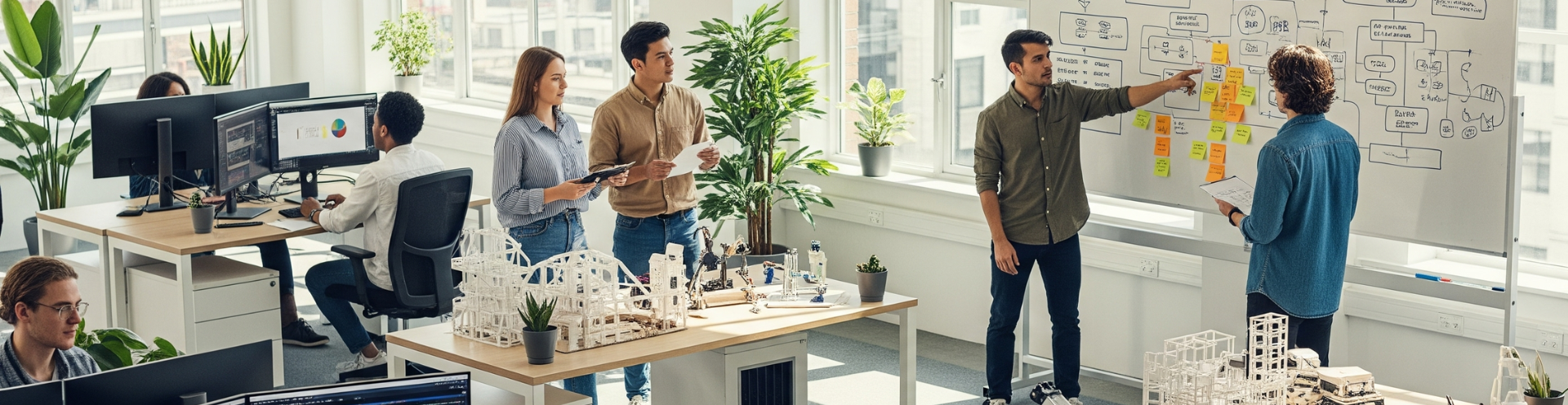 Equipe reunida em frente a quadro branco com fluxogramas e post-its, representando planejamento estratégico da política industrial.