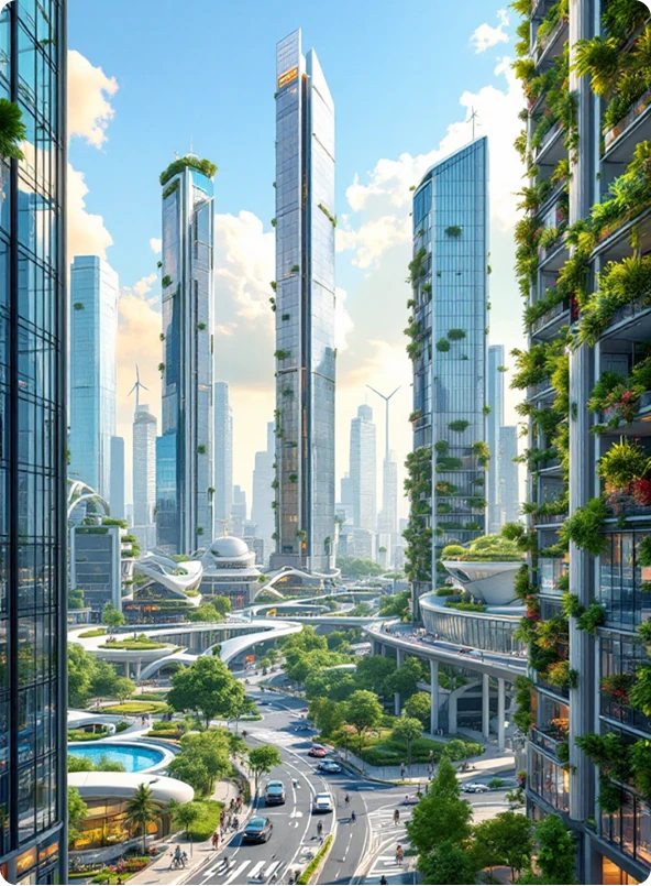Cidade futurista com arranha-céus cobertos por vegetação e jardins verticais, representando um futuro de descarbonização e desenvolvimento urbano sustentável.