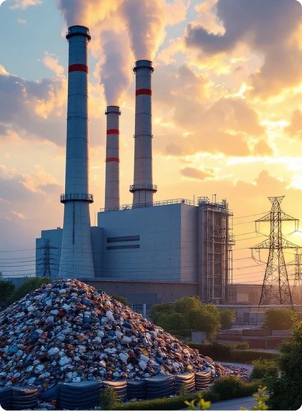 Usina industrial com chaminés emitindo fumaça e pilha de resíduos sólidos em primeiro plano, representando desafios de gestão ambiental e sustentabilidade industrial.